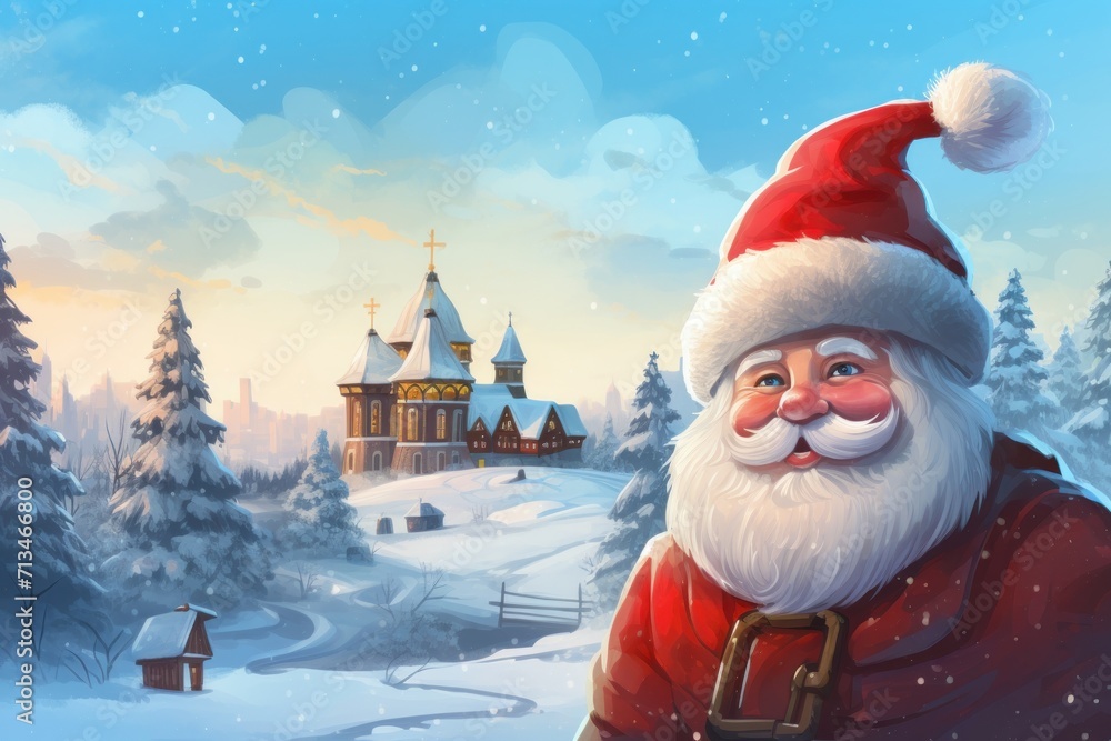 Poster a painting of a santa clause standing in front of a snowy landscape with a castle in the background 