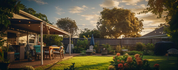 Obraz premium Summertime vibes in a backyard durning a dinner sunset surrounded by plants and patio furniture 