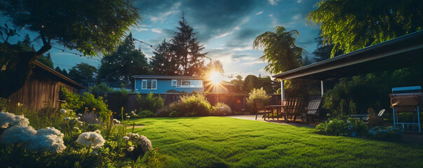 Backyard sunset in a suburban neighbourhood, green lush grass, patios furniture and plants all over with a nice golden glow from a setting sun - obrazy, fototapety, plakaty