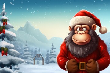  a monkey dressed in a santa claus outfit standing in front of a snowy mountain with a christmas tree in the background.