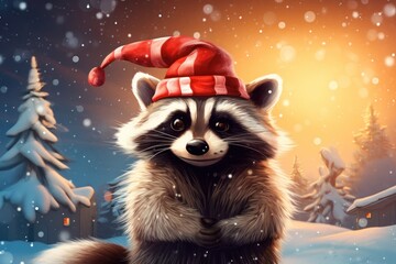 Fototapeta na wymiar a painting of a raccoon wearing a santa hat in front of a snowy christmas scene with pine trees.