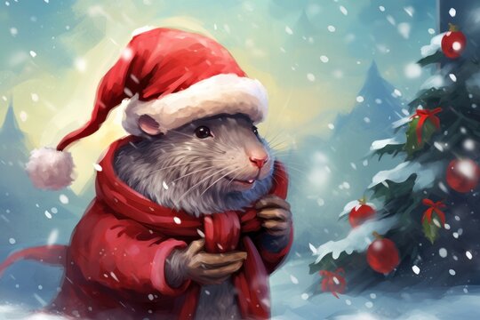  a painting of a rat in a santa hat and red coat standing in front of a christmas tree in the snow.