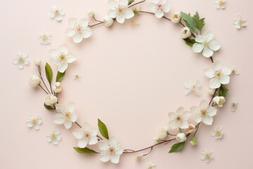 Fototapeta na wymiar spring composition. A circle of buds and white blossoming apple flowers on a beige light pastel background. Flat lay, top view, copy space