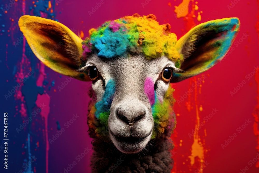 Poster a close up of a sheep's face with multicolored paint on it's face and it's ears.