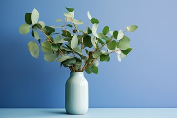  a white vase filled with green leaves on top of a blue table with a blue wall in the back ground.