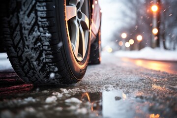  a close up of the tire of a car on a snowy road with a street light in the back ground. - obrazy, fototapety, plakaty