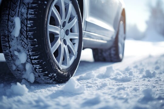  a close up of a tire on a car on a snowy road with snow on the ground and trees in the background.