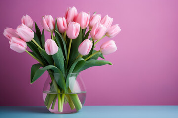 Bouquet of tulips on a pink background in a glass vase