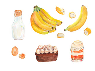 Watercolor banana illustration. Recipe banana desserts. Cooking. Design for recipe book, cuisine, home decor, cards