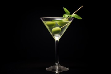  a martini glass with a green olive garnish and a toothpick sticking out of the garnish.