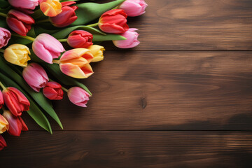 Naklejka na ściany i meble Bouquet of multi-colored tulips in paper wrapper on a wooden table, flat lay. Copy space for text