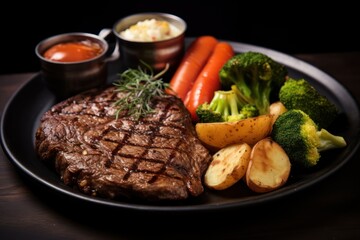  a plate of steak, potatoes, carrots, and broccoli with dipping sauces on the side.