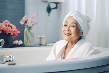 Fototapeta na wymiar smiling asian old woman sitting on the bathtub is relaxing in hot spring with towel on head