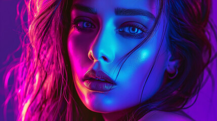 The girl's face in a neon glow. The girl looks at the camera. Background in neon glow