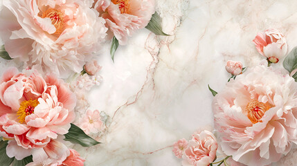 Simply elegant peony bouquet framing white marble background with room for copy.