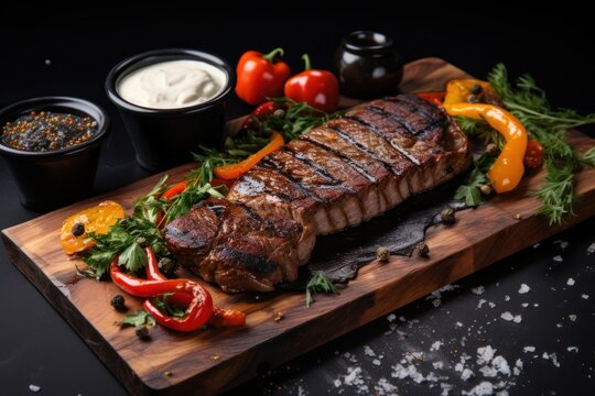 a piece of steak on a cutting board with peppers, peppers, and sauces on the side of it.