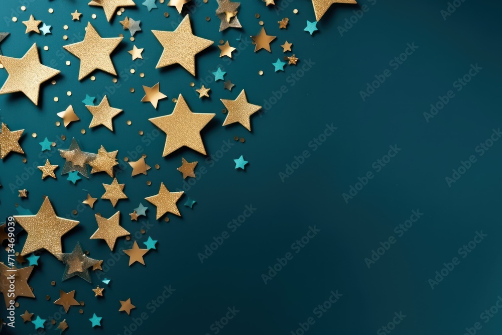 Poster a group of gold stars on a teal background with space for a text or an image to put on a card or bro