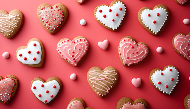 Closeup of gingerbread heart cookies with red