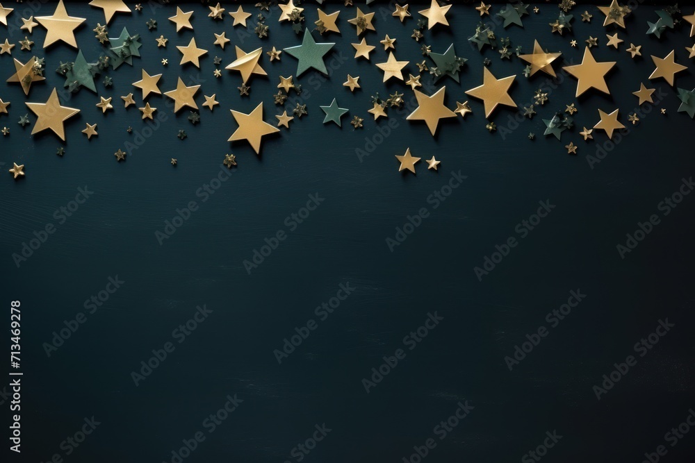 Poster a group of gold stars on a dark blue background with space for a text or an image to put on a card o