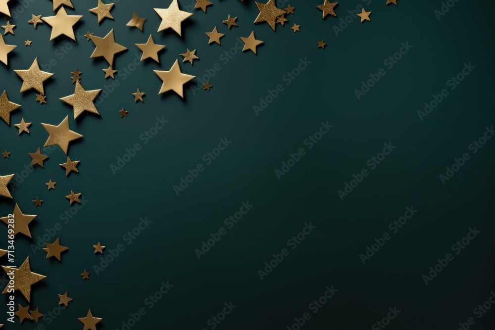 Poster a group of gold stars on a dark green background with space for a text or an image to put on a card 