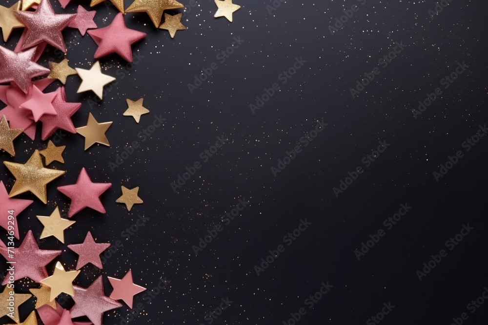 Poster a group of pink and gold stars on a black background with a place for a text or an image to put on i
