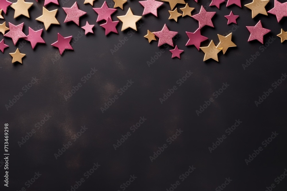 Poster a group of pink and gold stars on a black background with space for a text or an image to put on a w