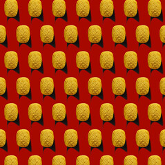 Golden and crusty potato chips pattern background on red background. Minimalistic food photo. 
