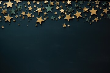  a group of gold stars on a dark blue background with space for a text or an image to put on a card or brochure.