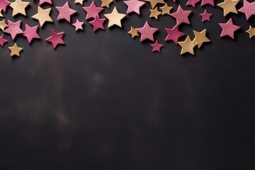 a group of pink and gold stars on a black background with space for a text or an image to put on a wall.
