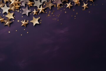 Fototapeta na wymiar a group of gold and silver stars on a purple background with space for a text or an image to put on a card or brochure.
