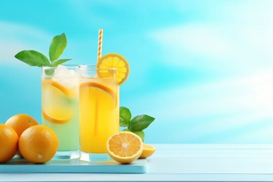  a glass of orange juice next to a glass of orange juice with a straw and some oranges on a table.