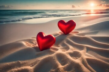 Two red hearts, sandy beach with calm surreal ocean 
