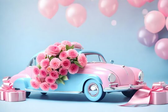 Mini car with bouquet of flowers