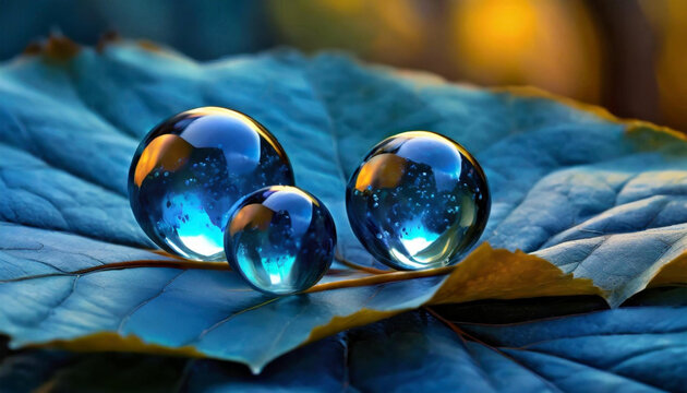Szklane kule na liściu, abstrakcja, dekoracja, tapeta. Generative AI