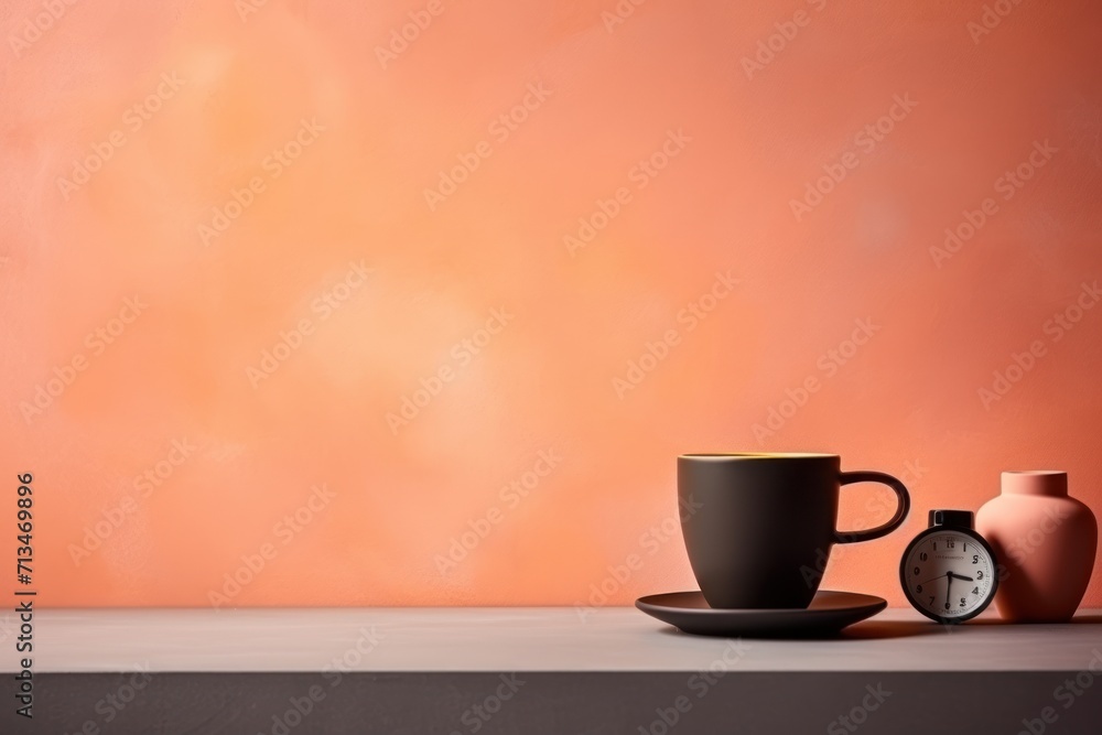 Poster a cup and saucer sitting on a table with a clock on one side and a vase on the other.