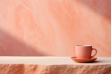  a pink coffee cup sitting on top of a table next to a pink wall with a shadow cast on it.