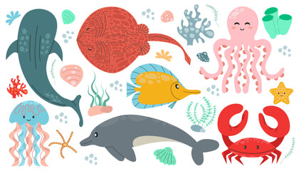 Set with drawn cute cartoon sea animals isolated on a white background. Vector illustrations of the inhabitants of the sea world with cute faces.