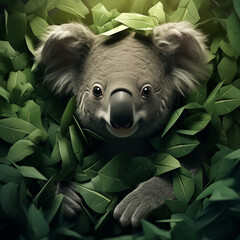 Portrait of a koala with green leaves in the background