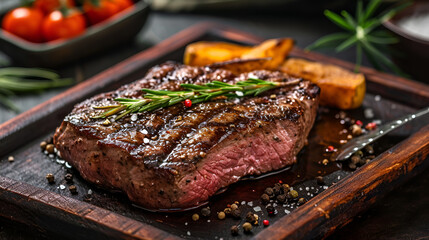 A steak on a cutting board with herbs and spices