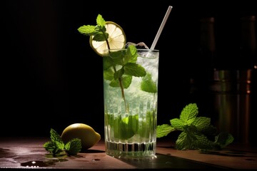  a mojito with lime and mint in a tall glass with a straw and a lemon on the side.