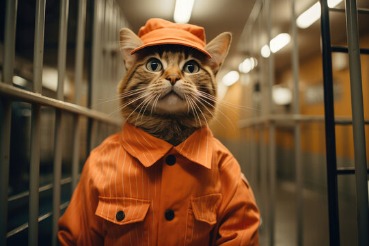 Bad cat crime wearing orange jumpsuit in a prison cell prisoner