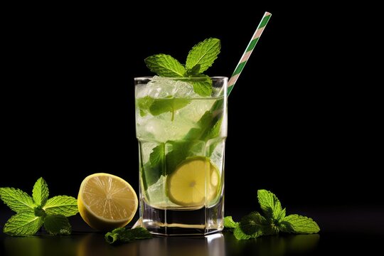  a glass of mojito with lime and mint on a black background with a striped straw and a lime slice.