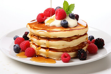 Fluffy pancakes served with syrup and fruit toppings on white background