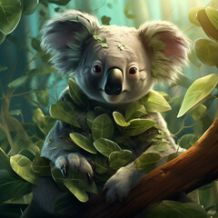 Portrait of a koala with green leaves in the background