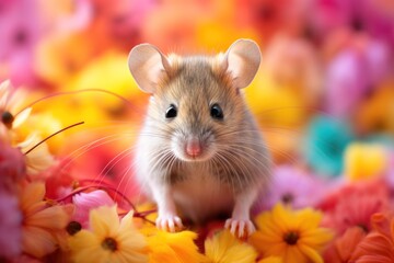  a close up of a small rodent on a bed of flowers with a blurry background of yellow, pink, and orange flowers.