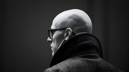A bald man in specs minimalism. Stylish businessman black and white photo on a dark background. High-resolution