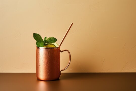  a copper mug with a straw and a green apple on a brown table with a tan wall in the background.