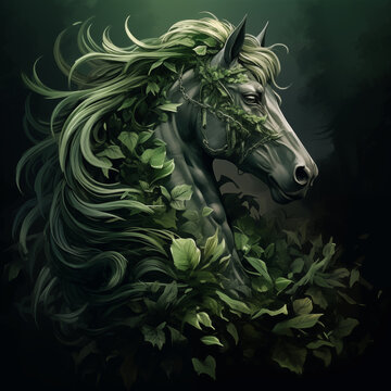 Portrait of a horse with green leaves