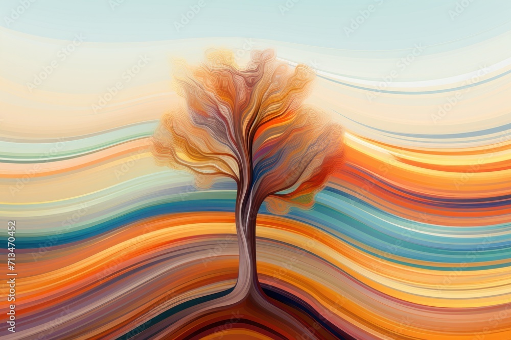 Poster a painting of a tree with multicolored lines in the foreground and a blue sky in the background.