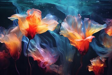  a group of orange and blue flowers floating in a body of water on top of a dark blue and green background.